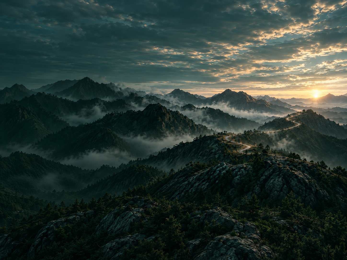 晨光穿过云层,照亮群山与蜿蜒山路